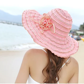 Modes Sievietes Cepure Ziedu Packable Lielu Platām Malām Cepure, Anti-UV Regulējams Dāmas Beach Saules Cepure