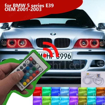 Multi-Krāsu 5050 RGB Halo Gredzeni LED Spuldze, Zibspuldze, Auto Lukturu dienas gaitas lukturi Ar RF Kontrole BMW 5 sērija E39 OEM 2001-2003