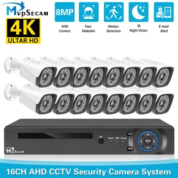 Mvpsecam H. 265 AHD 8MP, Āra Drošības Bullet Kamera 16CH AHD HD (4K Sejas Noteikšanas DVR Video Novērošanas Sistēmas Komplekts 8CH