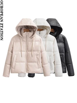 PAILETE Sieviešu 2023 modes bieza ziemas silts mākslīgās ādas polsterēts mētelis vintage kapuci ar garām piedurknēm, sieviešu virsdrēbes elegants mētelis