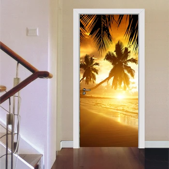 Palmu Koku Sunrise Beach Ainavu 3D PVC Ūdensnecaurlaidīga Durvju Uzlīmes, Mājas Dekors Dzīvojamā Istaba Guļamistaba Plakātu Sienas Papīra, pašlīmējošas
