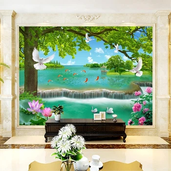 Pasūtījuma 3D Tapetes Ainavu Glezniecība Lotus Ūdenskritums Ķīnas TV Sienas Dzīvojamā Istabā, TV Dīvāns, Guļamistabas Studiju Sienas Papel De Parede