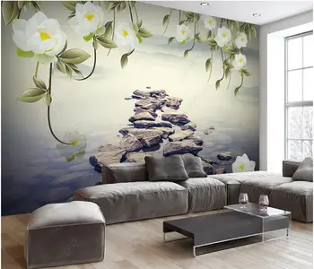 pasūtījuma sienas 3d foto tapetes retro ziedi rožu ezera akmens ainavas fona home decor tapetes sienām, 3d dzīvojamā istaba