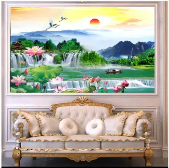 pasūtījuma sienas 3d foto tapetes Ūdenskritums Lotus Plūst Ūdens Red Sun Dekorācijas mājas dekori tapetes sienām, 3d dzīvojamā istaba