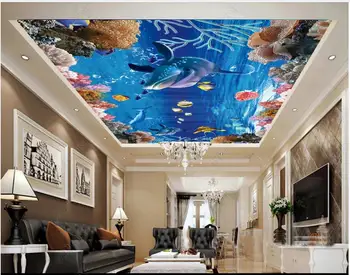 Pielāgotus foto 3d tapetes griesti, sienas Sea world dolphin zivis, koraļļu mājas dekoru 3d sienu gleznojumi tapetes dzīvojamā istabā