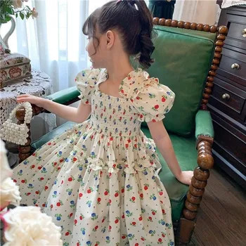 Princese Kleita 2023 Vasaras Puff Piedurknēm Laukumā Apkakles Džemperis-line Drukāt Ziedu Designable Jaunu korejiešu Modes Mūsdienu Bērniem