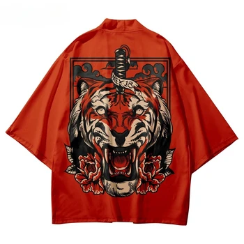 Red Tiger Zobenu Drukāt Krekli Mētelis Tradicionālo Kimono Vīrieši Sievietes Yukata Japāņu Stila Jaciņa Cosplay Haori Apģērbu Plus Lieluma
