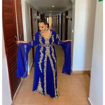 Royal Blue Dubaija Maroka Kaftans Farasha Abaya Kleitas Ziedu Garās Kleitas Eiropas un Amerikas Modes Tendences