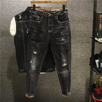 Rudens Kājām Džinsi Vīriešu Melns Apgriezts Bikses Ar Caurumu Plāksteris Vintage Modes Zīmolu Vīriešu Bikses Gadījuma Universāls, Slim Fit Bikses