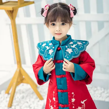 Sarkana Ķīniešu Tradicionālā Kleita Meitenēm Han Apģērbs Ziemas Jauno Gadu Apģērbs, Izšūšana Cheongsam Kokvilnas Ķīna Princess