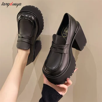 Sieviešu Chunky kurpes Slēptās Papēži Augstuma Pieauguma Kurpes Dāmas Vintage mokasīni Japāņu Studentu Kurpes Koledžas Stilā ar Augstiem Papēžiem