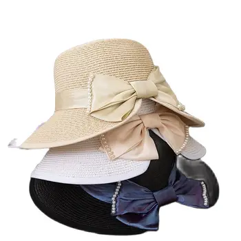 Sieviešu Saule Pērļu Cepure Platām Malām Floppy Vasaras Cepures Sievietēm Beach, Panama Salmu cepure, Saules Aizsardzības Sejsegu bowknot klp Femme