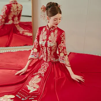 Tostu Apģērbu Ķīniešu Stilā Sievietēm, Izšūšana, Kāzu Kleitu Rhinestone Cheongsam Banketa Kleita