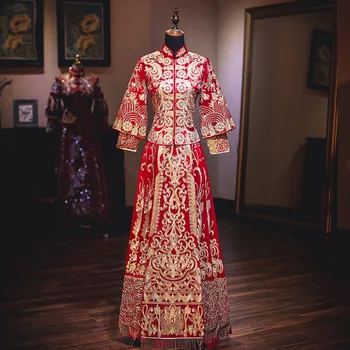 Tradicionālā Ķīniešu Kāzu Kleitu Austrumu Stila Kleitas Ķīnas Apģērbu Mūsdienu Cheongsam Red Qipao Lielajam 3XL