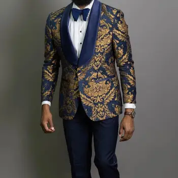 Tumši Zila Ziedu Žakarda Balli Vīriešu Uzvalki, Kāzu 3 Gabals Slim Fit Līgavainis Uzvalku Āfrikas Vīriešu Modes Kostīms