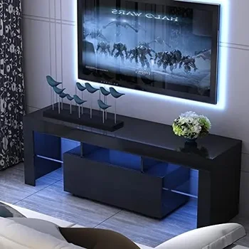 TV Stends ar LED Izklaides Centru ar Atvilktni 55 60 Collu TV, Moderna Spīdumu TV Konsoli Skapis ar 2 Stikla Atvērt Sh