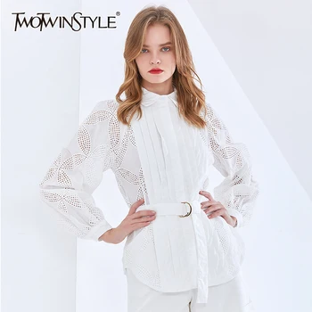 TWOTWINSTYLE Gadījuma Balts Krekls Sievietēm Atloks Laternu Piedurknēm Tunika Vērtnes Eleganta Blūze Sieviešu Modes Jauns Apģērbu Stils