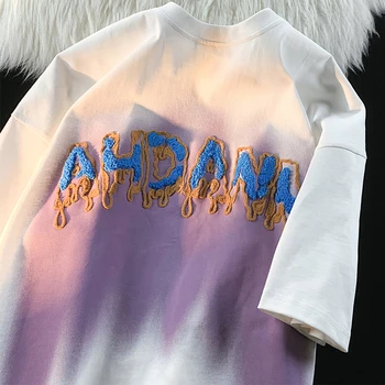 Vasaras Kokvilnas Jaunu Īsām Piedurknēm T-krekls Sievietēm Vēstuli Bārkstīm Dvieļu Izšūti Vintage T-kreklu, kaklasaišu krāsošanas High Street Vaļēju Augšu