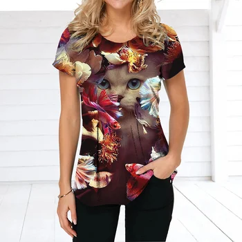 Vasaras T-Krekls Dāmas Kaķis Drukāt Tee Top Modes Dzīvnieku Harajuku T-Krekls Brīvdienu Gadījuma O Kakla Sieviešu Ziedu Anime Mīksti Džemperi