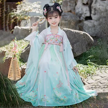 Vintage Bērniem, Meitenēm, Zils Tauriņš Izšuvumi Kleitu Bērniem Hanfu Ķīnas Tautas Deju Tērpu Seno Apģērbs Cosplay Apģērbi