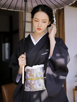 Vintage Stila Sieviešu Gara Kleita Tradicionālo Japānas Kimono Melna Krāsa Yukata Peldmētelis Cosplay Apģērbu Fotogrāfija Kleita