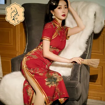 Vintage Ķīnas Īsām Piedurknēm Gara Kleita Vasaras Qipao Satīna Modes Oficiālas Personas Elegants Kleitas Dāma Cheongsam Kleita Sievietēm