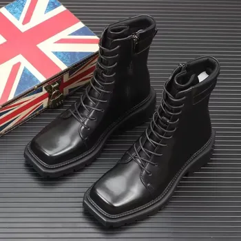 vīriešu modes augstu jātnieka zābaki melnā tendence īstas ādas kurpes ar kvadrātveida purngalu ilgi motociklu boot skaists platformas botas hombre