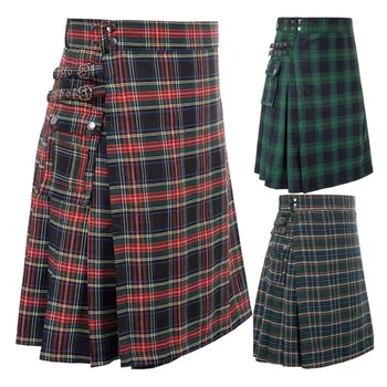 Vīriešu Modes Skotijas Stilā Pleds Kontrasta Krāsu Kabatas Kroku Svārki Mens Skotijas Tradicionālo Highland Seģene Kroku Svārciņi