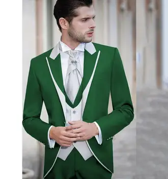 Vīriešu Tērps, Zaļš Ar Baltu 3 Gabali Lakatu, Atloks, Kostīmu Homme Groomsmen Kāzu Uzvalki Līgavainim Tuxedos (Žakete+Veste+Bikses)