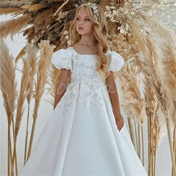 White Flower Girl Dress Princese Kāzu Kleita Satīna Krelles Vizuļi Bērniem Pirmās Komūnijas Kleita Izmērs 2-16Years