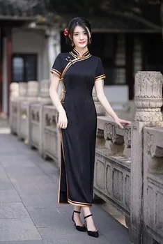 Yourqipao Ilgi tīrtoņa Krāsu Tradicionālo Ķīniešu Cheongsam Jaunu 2023 Sieviešu Retro Temperaments Catwalk Veiktspējas Vasaras Kleita