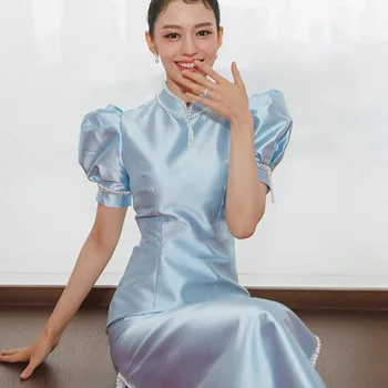 Zila Qipao Elegants Puff Piedurknēm Cheongsams Luksusa Uzlabota Ķīniešu Stila Kleita Sievietēm Satīna Banketa Tērpu Vakara Kleita Vestidos