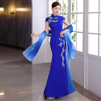 Zila Sexy Satīna Ķīniešu Kleitas, Kleita Sievietēm, Liela Izmēra Slim Qipao Ilgi Vizuļi Vakara Puse Sirēna Cheongsam Elegants Vestidos