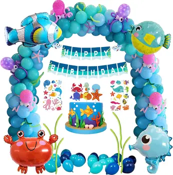 Zilās Baloni Zem Jūras Puse Rotājumi Zēniem Okeāna Tēma Balonu Arku Komplekts Dzimšanas dienu Dekoru ar Happy Birthday Banner M