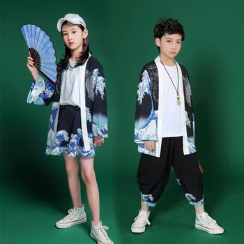 Zēni Meitenes Japāņu Tradicionālo Kimono Jaka Bikses Vintage Vilnis Drukāt Vasaras Īsām Piedurknēm Haori Bērniem Gadījuma Zaudēt Streetwear