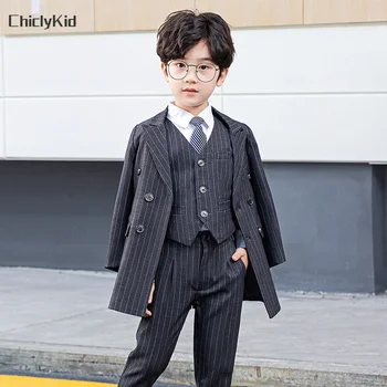 Zēni Svītraina Žakete Kāzu Uzvalks Chesterfield Mētelis Bērniem Smokings Tērpiem Formālu Kleita Mēteli Apģērbu Komplekti Bērnu Rīta Mētelis
