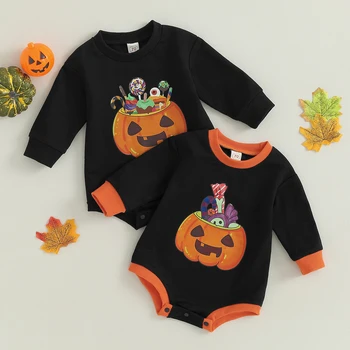 Zīdaiņu Bērnu Halloween Sporta Krekls Jumpsuit Ķirbju & Konfekte Drukāt Apaļu Kakla Garām Piedurknēm Romper Toddler Apģērbi