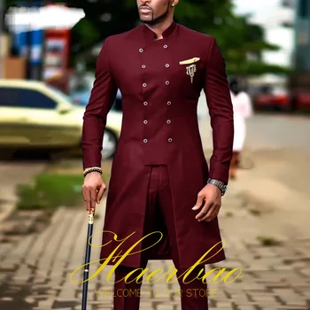 Āfrikas Stila Vīriešu Uzvalku Ilgi, Jaka, Bikses 2-gabals, kas Kāzu Uzvalku divrindu Žakete Līgavainis