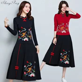 Ķīnas austrumu sievietes, divas gabals, kas pavasarī rudenī pantsuit sieviešu vintage ziedu drukāt elegantām dāmām-svārki uzvalks Q458