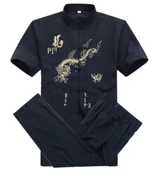 Ķīnas Vīriešu Kokvilnas Kung Fu Uzvalks Izšuvumi Wu Shu Vienotu Tai Chi, Apģērbs ar Īsām Piedurknēm Krekls+Elsas M L XL XXL XXXL MS013
