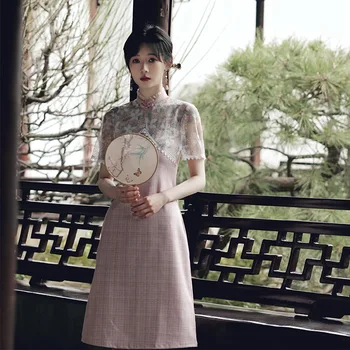 Ķīniešu Stila Kleita Sieviešu Modes Elegants Rozā Mežģīnes-Line Qipao Vintage Mandarīnu Apkakles Cheongsam Vestidos Formālu Kleita
