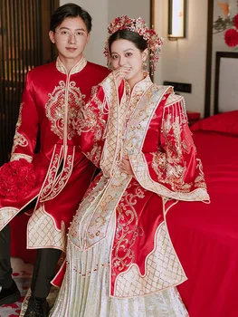 Ķīniešu Stilā Tradicionālo Ming Dynasty Kāzu Kleitu Qipao Austrumu Pāris Vizuļi Frēzēšana Pušķi Grauzdiņš Apģērbu Vestido