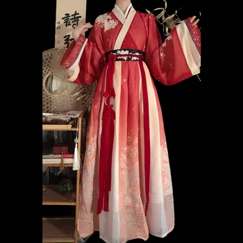 Ķīniešu Tradicionālā Sarkanā Hanfu 3PCS/Set Kostīmu Sieviete Seno WeiJin Dinastijas Kleita Oriental Princess Dress Lady Eleganci Deju